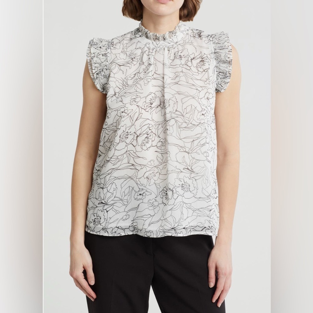 T Tahari Floral Cap Sleeve Top - Black and White Polyester, Women’s Size Large